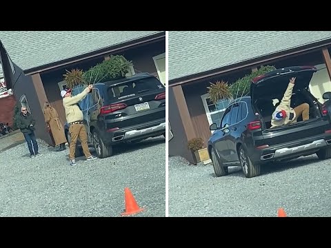 Guy can't open car door after tying Christmas tree to roof
