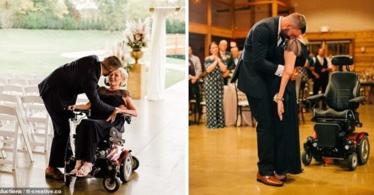 hijo levanta a su madre de la silla de ruedas para bailar con ella el día de su boda