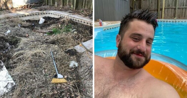 hombre encuentra una piscina escondida en el jardín trasero