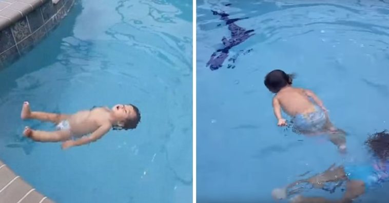 bebe en la piscina sorprende