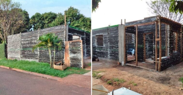 pareja construye una casa con 10.000 botellas de vidrio