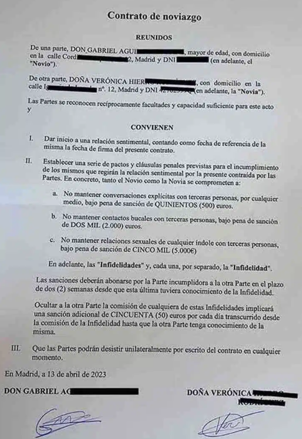 contrato por el que se le impone una multa por infidelidad