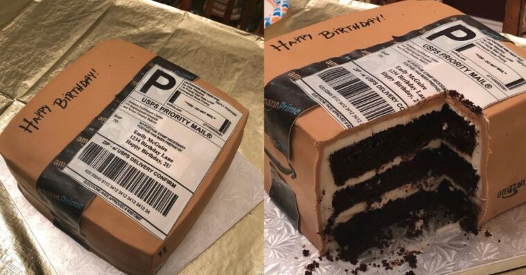 hombre le regaló a su mujer, "adicta" a las compras online, una tarta con la forma de un paquete