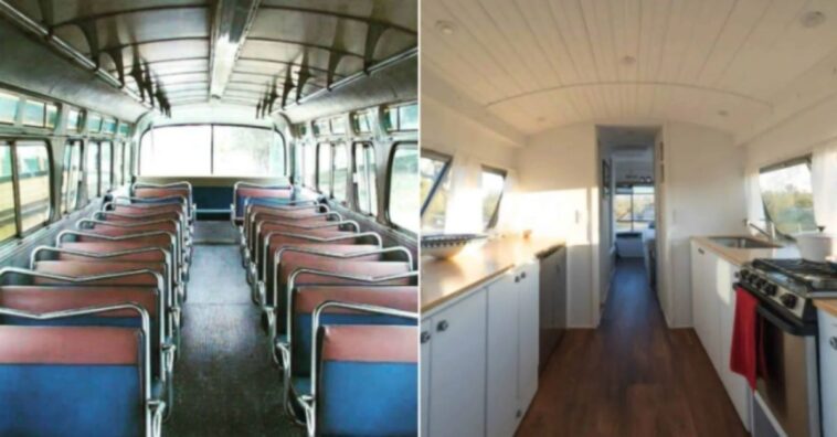 mujer convierte un autobús en una casa confortable