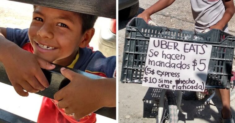 niño hace mandados en una bicicleta para comprarse una tablet para hacer los deberes