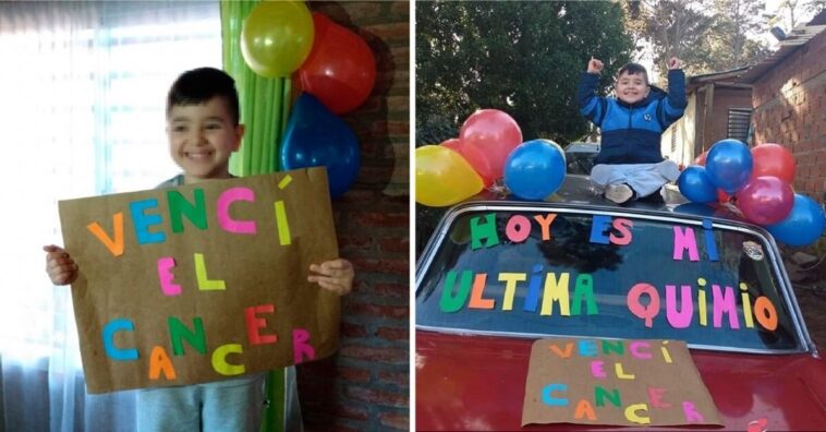 niño de 4 años festeja con globos y carteles su último día de quimioterapia