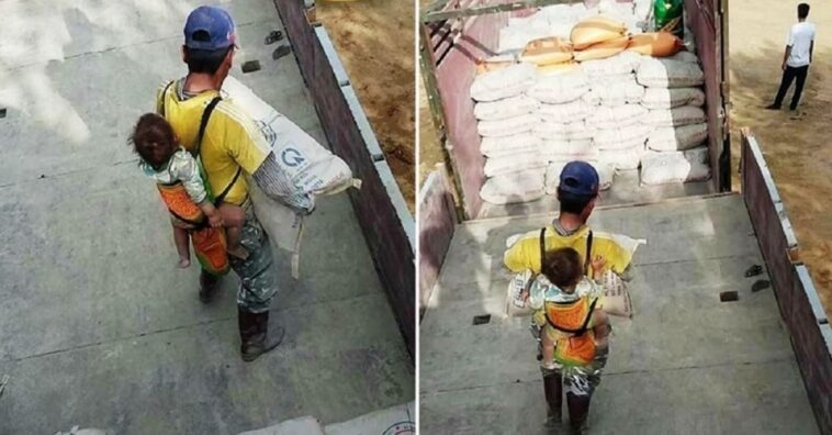 padre viudo trabaja cargando a su hijo en la espalda